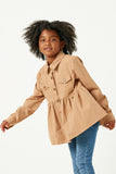 GY5203 TAUPE Girls Long Sleeve Textured Pinstripe Peplum Button Up Shirt Side