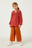 GY5207 RUST Girls Swiss Dot Embroidered Bodice Long Sleeve Top Full Body