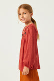 GY5207 RUST Girls Swiss Dot Embroidered Bodice Long Sleeve Top Side