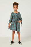 GY5248 BLUE Girls Plaid Square Neck Tie Sleeve Mini Dress Full Body