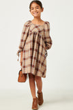 GY5248 BROWN Girls Plaid Square Neck Tie Sleeve Mini Dress