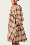 GY5248 BROWN Girls Plaid Square Neck Tie Sleeve Mini Dress