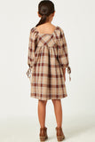 GY5248 BROWN Girls Plaid Square Neck Tie Sleeve Mini Dress