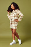 GY5249 BEIGE Girls Brushed Plaid Wide Sleeve Patch Pocket Shacket Side