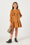 GY5305 CAMEL Girls Ruffled Button Back Long Sleeve Corduroy Dress Full Body