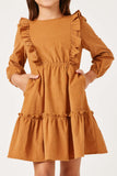 GY5305 CAMEL Girls Ruffled Button Back Long Sleeve Corduroy Dress Front