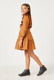 GY5305 CAMEL Girls Ruffled Button Back Long Sleeve Corduroy Dress Side