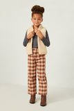 GY5322 BROWN Girls Brushed Plaid Wideleg Elastic Waist Pants Full Body