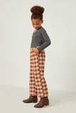 GY5322 BROWN Girls Brushed Plaid Wideleg Elastic Waist Pants Side