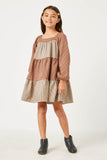 GY5344 BROWN Girls Checker Block Square Neck Long Sleeve Dress Full Body