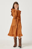 GY5367 CAMEL Girls Textured Ruffled Long Sleeve Tie Waist Dress Full Body