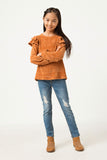 GY5410 CAMEL Girls Chenille Knit Ruffled Shoulder Top Full Body