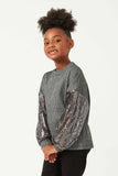 GY5436 BLACK Girls Sequin Sleeve Metallic Rib Long Sleeve Top Side