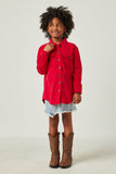 GY5449 FUCHSIA Girls Corduroy Patch Pocket Button Up Shirt Full Body