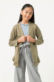 GY5469 OLIVE Girls Ruffle Hem Raw Edge Detail Waffle Knit Cardigan Front