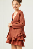 GY5469 RUST Girls Ruffle Hem Raw Edge Detail Waffle Knit Cardigan Side