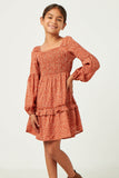 GY5487 RUST Girls Smocked Bodice Puff Sleeve Ruffled Dress Front