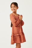 GY5487 RUST Girls Smocked Bodice Puff Sleeve Ruffled Dress Side