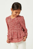 GY5521 RUST Girls Long Sleeve V Neck Smocked Tiered Peplum Detail