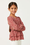 GY5521 RUST Girls Long Sleeve V Neck Smocked Tiered Peplum Side