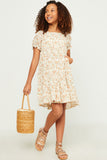 GY5542 IVORY Girls Pleated Floral Print Square Neck Tiered Dress Full Body