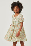 GY5542 MINT Girls Pleated Floral Print Square Neck Tiered Dress Front