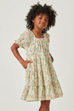 GY5542 MINT Girls Pleated Floral Print Square Neck Tiered Dress Side