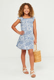 GY5570 BLUE Girls Botanical Print Lace Trim Square Neck Dress Full Body