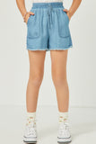 GY5602 LIGHT DENIM Girls Distressed Hem Patch Pocket Shorts Front