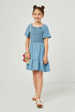 GY5605 LIGHT DENIM Girls Puff Sleeve Smocked Bodice Tencel Dress Full Body