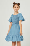 GY5605 LIGHT DENIM Girls Puff Sleeve Smocked Bodice Tencel Dress Front 2