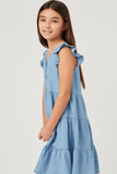 GY5607 Light Denim Girls Ruffle Button Down Tiered Dress Side