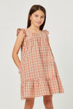 GY5626 ORANGE Girls Back Smocked Square Neck Tartan Print Dress Front