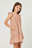 GY5626 ORANGE Girls Back Smocked Square Neck Tartan Print Dress Side