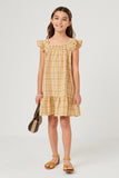 GY5626 YELLOW Girls Back Smocked Square Neck Tartan Print Dress Full Body