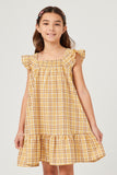 GY5626 YELLOW Girls Back Smocked Square Neck Tartan Print Dress Front