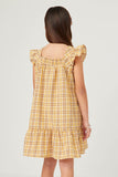 GY5626 YELLOW Girls Back Smocked Square Neck Tartan Print Dress Back