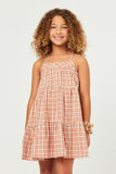 GY5627 ORANGE Girls Tartan Print Sleeveless Tiered Dress Front