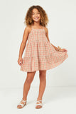 GY5627 ORANGE Girls Tartan Print Sleeveless Tiered Dress Full Body 2