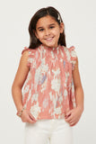 GY5636 PINK Girls Watercolor Smocked Yoke Ruffled Tank Front