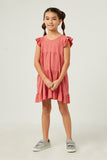 GY5652 PINK Girls V Neck Crinkle Texture Knit Ruffled Shoulder Dress Full Body