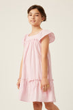 GY5660 PINK Girls Swiss Dot Ruffled Seamed Ruffle Shoulder Dress Front