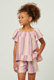 GY5671 PINK Girls Textured Vertical Stripe Smocked Flutter Sleeve Top Front