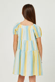 GY5672 YELLOW Girls Textured Vertical Stripe Puff Sleeve Tiered Dress Back