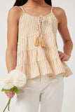 GY5681 Mustard Girls Vertical Stripe Tassel Tie Tiered Tank Front