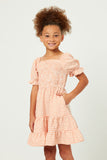 GY5688 PEACH Girls Square Neck Smocked Puff Sleeve Gingham Dress Front