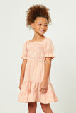 GY5688 PEACH Girls Square Neck Smocked Puff Sleeve Gingham Dress Side