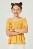 GY5695 YELLOW Girls Swiss Dot Ruffled Neck Flutter Sleeve Raglan Peplum Detail