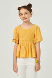 GY5695 YELLOW Girls Swiss Dot Ruffled Neck Flutter Sleeve Raglan Peplum Front