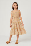 GY5716 YELLOW Girls Smocked Tie Shoulder Ruffled Tiered Sleeveless Dress Full Body